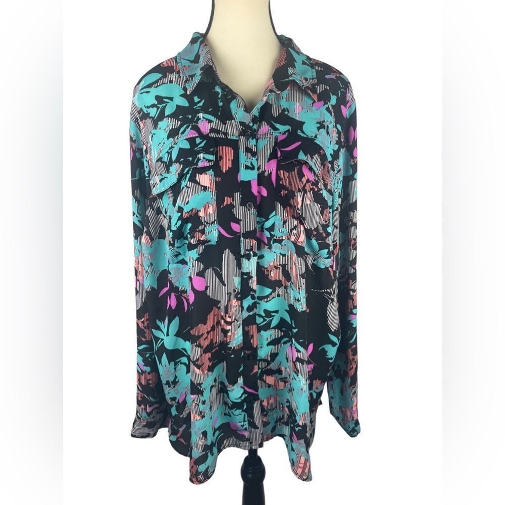 Boutique Women Multi-Color Button Up Long Sleeve Blouse W/ Front Pockets Size:1X
